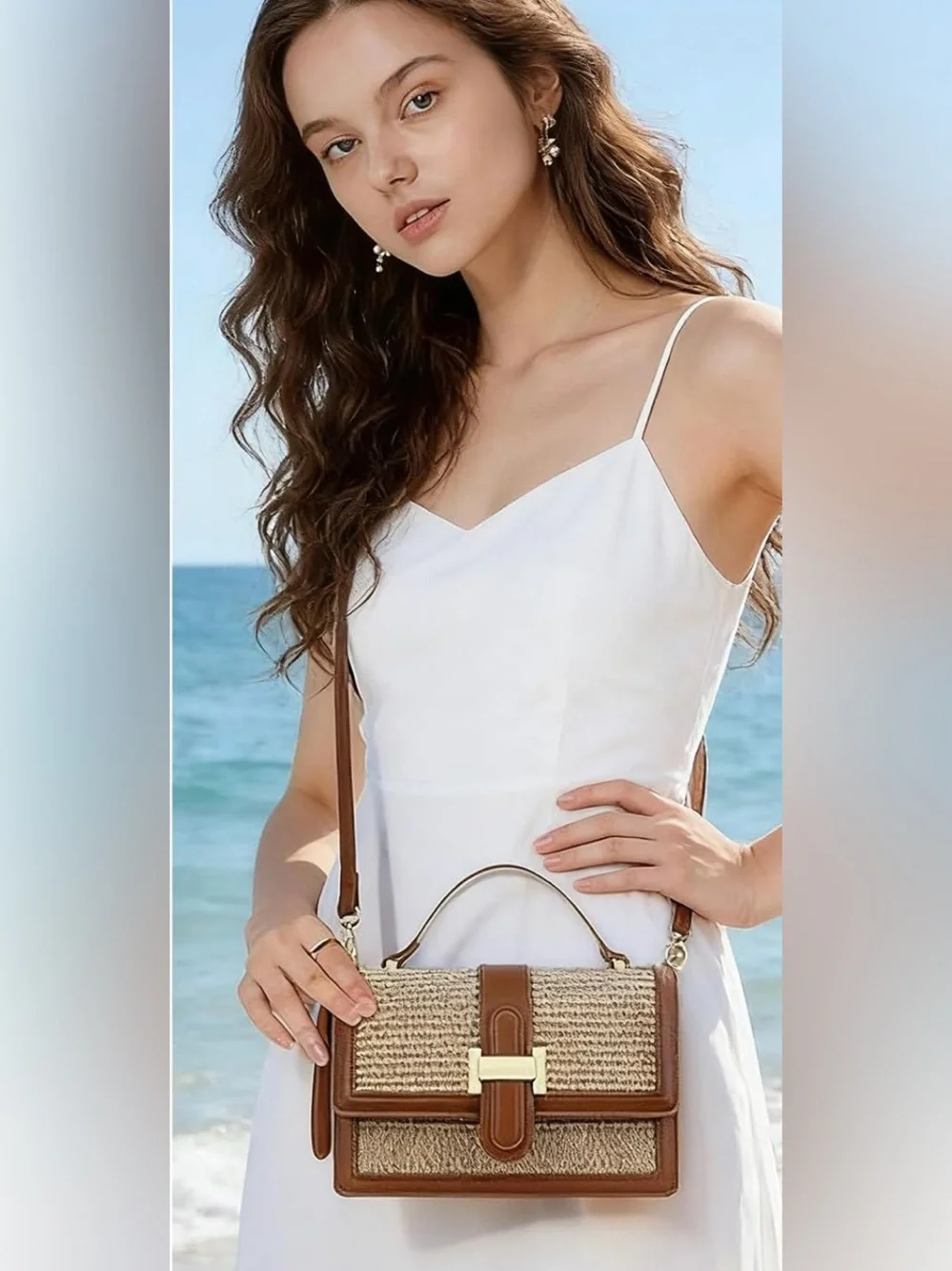 Straw Woven Crossbody Bag with Brown Trim & Gold-Tone Hardware